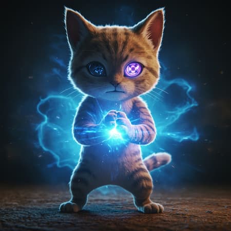 A hyper-detailed cinematic scene of an anthropomorphic, charming cat donning a mesmerizing Sharingan. With one eye glimmering the distinct pattern, it stands in a dynamic combat stance, its paws clasped together as a radiant blue light pulses from them. A vivid aura of chakra surrounds the feline, casting an ethereal blue glow that exudes a sense of powerful energy. Its fur, intricately detailed, glistens under the aura, adding to the captivating scene as if a movie still captured at the peak of action.