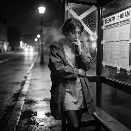 A solo woman with a waifish early-90s grunge editorial vibe stands alone at a night bus stop, shoulders hunched in an oversized thrifted coat over a modest slip dress and tights, one hand clutching the coat closed while the other holds an unlit cigarette near her lips, eyes turned down the empty road with longing and quiet desire. Black-and-white 35mm film fashion editorial, raw and intimate, Tri-X grain, slight halation, sodium streetlamp glow and wet pavement reflections, misty breath, rain-specked bus shelter glass with a taped timetable, distant headlights as soft bokeh, 50mm lens, f/2, ISO 1600, handheld realism, restrained melancholy.