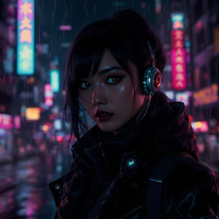 A mysterious young woman in a cyberpunk outfit gazes at the viewer, her attire a blend of sleek futuristic elements and urban edginess. She dons a bulky, high-tech earpiece, mirroring a modern twist on a timeless classic. Her expressive eyes are captured in dramatic lighting, highlighting her enigmatic allure. The backdrop is a sprawling, dark cityscape aglow with vibrant neon lights, casting colorful reflections that dance across her poised visage, hinting at secrets within the electrified night.