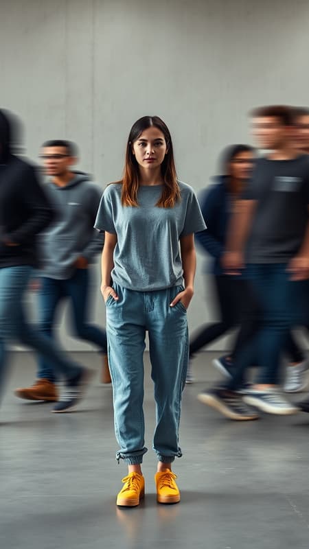 Photography, front view, an artistic image capturing the essence of urban hustle with a single focused female professional model figure standing still, surrounded by a blurred motion of multiple people walking past her, creating a sense of movement, main model wearing a grey loose-fit tee and denim jogger pants paired with vibrant yellow skateboard shoes, sub models in loose fit hoodies and jogger pants with sneakers, camera used is Sony α9 II with Sony FE 100-400mm f/4.5-5.6 GM OSS lens, setting is an open, minimalistic space with soft, ambient lighting and a neutral color palette to enhance the motion blur, main subject sharply in focus, contrasting with the fleeting figures around her, emphasizing the theme of stillness amidst chaos, background is a plain wall with subtle texture to draw attention to the motion effect.