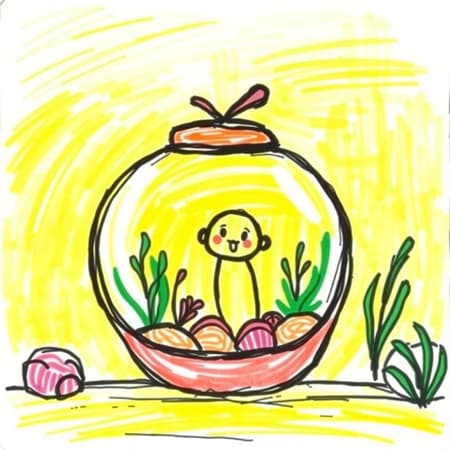 Cartoon-like Aquarium Edges, Art A cheerful, cartoon-like aquarium with rounded edges, featuring a cute character inside. The scene is set in a bright sunny atmosphere, using vibrant primary colors like sunny yellow and lush green, reminiscent of a child's crayon drawing. The design is whimsical and imaginative, with slightly uneven, playful lines that add to its charm and uniqueness.
