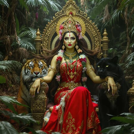 A stunning goddess embodying the essence of π sits regally on a throne amid a verdant jungle, accompanied by a majestic tiger and a sleek panther. Her face is intricately detailed and exudes an aura of wisdom and power. The lush environment embraces them, bathed in rich cinematic light that highlights the vibrant hues and textures of the scene. This vivid portrait is reminiscent of the iconic style of Annie Leibovitz, with impeccable retouching that brings out every nuance, echoing the expertise of Pratik Naik. The atmosphere is an enchanting blend of mystery and nature's allure, capturing the spirit of junglecore. Subtle enhancements elevate the composition, such as delicate tropical flowers interwoven in her flowing hair, adding an enchanting touch to this arresting tableau.
