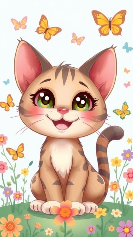 Adorable illustration of a cartoon cat with big, bright eyes and a joyful smile, playful paws and a bushy tail, surrounded by colorful butterflies and flowers, creating a whimsical and cheerful scene.