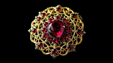 A grand ruby brooch, glistening like a forbidden jewel from a forgotten realm, serves as a prized game item. Intricate gold filigree forms the ornate Art Deco design, laced with silver accents that catch the light in sinister flickers. The brooch is a perfect circle, reminiscent of an ancient seal, infused with dark fantasy charm and whispered tales of hidden power.