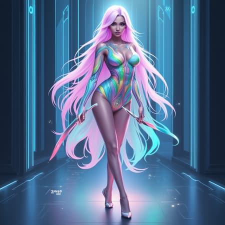 A stunning digital illustration captures a neofuturistic woman with cascading long hair in a spectrum of pastel rainbow hues. Her full body, seen in a wide-angle shot, reveals an intricately tattooed back that she proudly displays. Her expression is pensive, and she confidently wields a sleek, modern whip. Inspired by the artistic styles of Julia Razumova and Ilya Kuvshinov, the composition is dynamic, with light flares adding to the ethereal feel of the scene. Set against a backdrop of futuristic architecture, the image is a masterpiece of realism, presented in 8k resolution, showcasing super detailed artistry. The woman's pose is graceful yet powerful, embodying the essence of a modern muse within an intriguing composition.