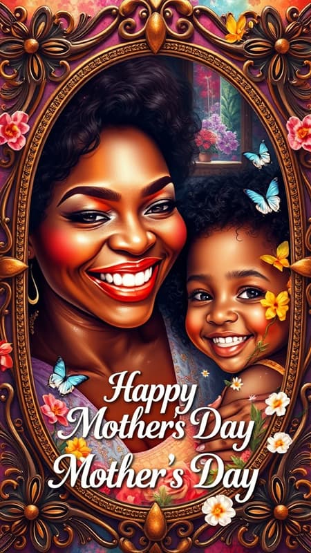 A stunning hyperrealistic scene captures an African American mother and child joyfully celebrating Mother's Day. They are enveloped by an explosion of vibrant colors and intricate details, creating a festive and heartwarming atmosphere. The mother’s radiant smile reflects pure happiness, while the child's eyes light up with joy and admiration. The entire scene is beautifully encapsulated within an elegant, ornate frame that adds sophistication and charm, ensuring no element is cropped. Rendered in an airbrush style with 8K acrylic quality, the image showcases every detail with breathtaking clarity. Boldly displayed is the text 'Happy Mother's Day,' enhancing the celebratory spirit. Small butterflies and delicate flowers subtly complement the composition, adding layers of beauty and a sense of magic to the scene.