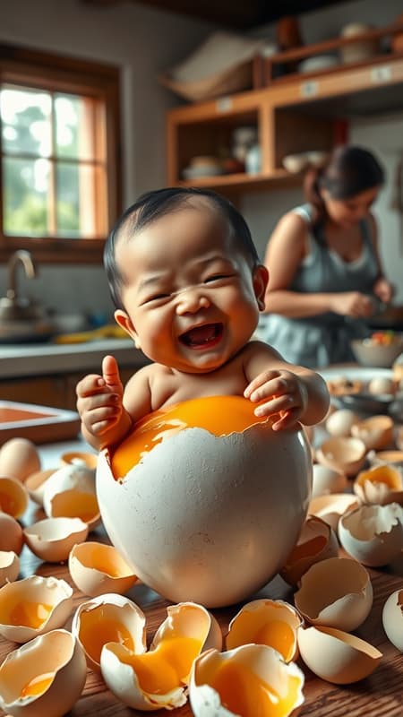 A highly detailed, ultra HD depiction of a big-headed baby with the face of an Indonesian adult man, emerging joyfully from a freshly cracked egg. The baby clutches the rim of the egg while surrounded by a glossy yolk. In the background, amidst a collection of similar-sized broken eggshells scattered across the kitchen counter, a woman is absorbed in cooking a meal, adding a touch of warmth and everyday life to the scene. The atmosphere is vibrant and bustling, with light streaming through a window, highlighting the intricate details of the setting.