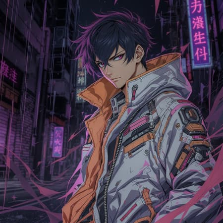 Anime character wearing a sleek white and orange jacket, portrayed in a cyberpunk style with a dark white and light violet color palette, featuring precise brushwork and elements of automatism. The piece is presented as official art with lucid developments of their persona, emphasizing high detail and a vivid atmosphere.