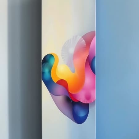 Dreamlike Essence in Minimal Lines, elongated vertical canvas, abstract forms merging with reality, vibrant hues flowing through simple shapes, subtle complexities emerging from a seamless blend, a world where the ordinary transforms into the extraordinary, evoking a sense of wonder through the unexpected juxtaposition.