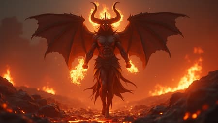 AI Demonic Deity Design Demonic deity adorned with a crown of shadows, wielding flames in their hands, striding effortlessly across molten lava. Rendered in stunning detail, the scene is a masterpiece of digital art, with the highest quality CG elements and wallpaper-worthy composition. The cinematic atmosphere is enriched by HDR effects, showcasing an ultra-detailed visage in a hyperrealistic style, brought to life using the power of ArtStation HQ and the Unreal Engine. Captured in breathtaking 8k resolution with Octane Renderer, every nuance is visible, elevating the artwork to an exceptional level. Avoid imperfections like disfigurement, kitsch, or low resolution, ensuring anatomical accuracy and seamless integration, while keeping the portrayal grounded in vivid, surreal imagery.