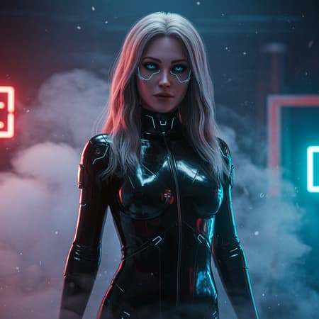 Superhero in sleek black latex suit, featuring a stunning face, realistic skin, flowing long hair, and a striking physique; inspired by cyberpunk elements from Cyberpunk 2077, Ghost in the Shell, Deus Ex, Blade Runner, The Matrix. Surrounded by ethereal smoke, captured in ultra-high-definition with hyper-detailed, finely crafted visuals. Shot through the lens of cinematic photography with intricate detailing, leveraging Unreal Engine and Weta Digital magic for photorealism. Enveloped in neon lights, with a dramatic play of light and shadows in high contrast; balanced with a mix of artificial and natural lighting, incorporating moody, volumetric lighting. Featuring sophisticated lighting techniques like Rembrandt, split, and rim lighting for global illumination with ambient occlusion. The portrayal intertwines glowing, shimmering textures with advanced ray-tracing reflections and specialized post-processing for vibrant, lifelike imagery. Enhanced by advanced shaders, tone mapping, and cutting-edge CGI for an intricately detailed visual masterpiece.
