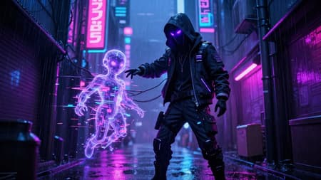 Cyberpunk anime style, full body shot of a hooded figure with glowing purple eyes and a face mask in a rainy, neon-lit city alley at night. The figure wears a techwear jacket with glowing details and patches, and dark pants with glowing accents. They are reaching out to a glowing, ethereal, humanoid energy being that is glitching and fragmenting into pixels. This being has glowing purple eyes and is connected by dark wires to the background. The alley is narrow, with tall, dark buildings on either side displaying bright pink and blue Japanese neon signs. The wet ground reflects the vibrant neon lights, and subtle rain streaks are visible. Heavy rain, dark and moody atmosphere with stark contrasts and vibrant purple, pink, and blue lighting. Intricate details, high resolution.