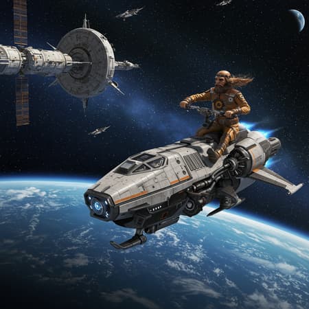 Create an image of a photorealistic spaceship in a weightless state, showcasing intricate design details in an 8k resolution. The scene captures the spaceship's approach to a space station against a backdrop of a dark blue sky filled with stars and the Earth visible from space. The composition highlights the spaceship's sleek design, complemented by the breathtaking vastness of space. Consider integrating a unique Ezequiel Montalt-inspired concept such as a futuristic vehicle or character with a distinctive style. Aim for dynamic elements like a motorbike or a biker, while experimenting with details like shoe laces, pointed footwear, or a long beard. Ensure the image maintains a high level of detail and realism, avoiding any cartoonish or low-resolution attributes. This scene should encapsulate the awe-inspiring and detailed essence of space exploration.