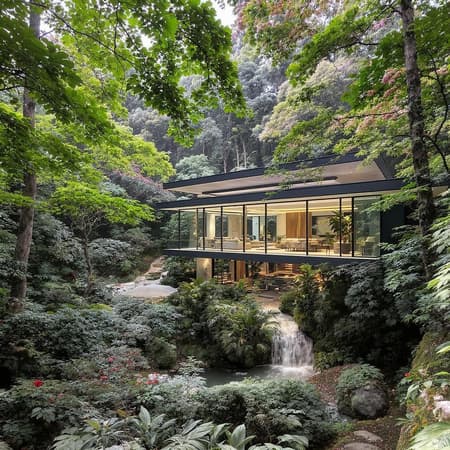 A stunning residence embracing tropical modernism nestled within a lush forest, surrounded by an abundance of trees and vibrant flora, featuring expansive glass walls that blur the boundaries between indoor and outdoor spaces, sleek lines and natural materials harmoniously integrated with the landscape, creating an open, airy environment where sunlight dances through the canopy and the scent of blooming flowers fills the air.