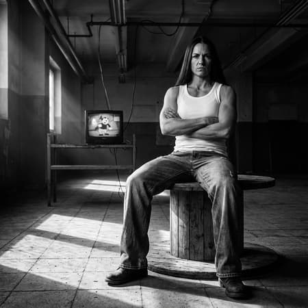 Muscular woman with long straight hair sitting on an empty large wooden cable spool instead of a chair, white tank top, loose jeans, determined expression, strong posture. High-contrast black and white photography, documentary style, Nan Goldin/Larry Clark aesthetic. Gritty, raw dark atmosphere with dramatic directional lighting creating sharp shadows, urban isolation. Dark industrial indoor space, tiled floor, vintage TV monitor showing a looney toon in background. Monochromatic palette - deep blacks, bright whites, rich grays with strong contrast. Central symmetrical composition, subject facing camera, low angle, negative space emphasizing isolation. Defined muscles visible through tank top, textured worn jeans, wooden stool with visible grain, industrial fixtures partially visible, rough tile floor. no lights in background