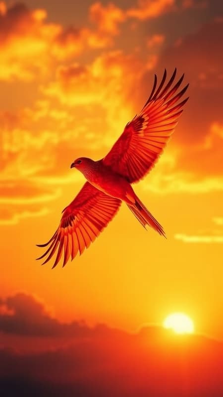 A fiery bird soaring through a blazing sunset sky, its vibrant feathers casting a cascade of warm hues across the horizon.