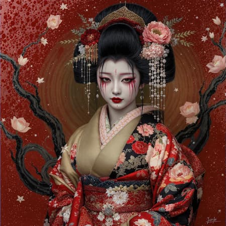 A hyper-detailed, intricately designed portrait of a Japanese black-haired geisha, her expression melancholic, clad in a vibrant, floral kimono. Her face bears subtle signs of battle, adding depth to her elegant poise. The scene is reminiscent of a high-fashion photoshoot, captured through a 70mm lens, showcasing wet paint textures with an insanely detailed, hypermaximalist aesthetic, resulting in an image that is both hauntingly beautiful and richly elaborate.