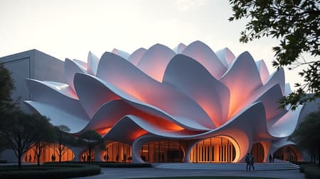 A photorealistic 3D rendering visualization of an exterior building inspired by the intricate layered structure of a rose flower, designed in the style of Zaha Hadid. Utilizing Unreal Engine 5 with advanced raytracing and post-processing techniques, enhanced with ZBrush for sculptural details and textured using Substance Painter. The composition follows cinematic principles, employing the rule of thirds with ultra-detailed features and low contrast under natural lighting. A touch of realism is added with light fog and a rich atmospheric presence, complemented by hyperrealistic volumetric lighting. Rendered with an ultra-photorealistic approach using 35mm lens effects, the scene combines elements of matte painting and movie concept art, achieving hyper-detailed visuals through Corona, Octane, and Redshift render engines in 8k resolution, trending on ArtStation.