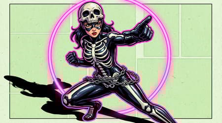 Manga-style illustration of a fierce, dark-haired woman in a dynamic pose, full body shot, wearing a black, shiny, form-fitting skeleton suit with white bone details and chains wrapped around her waist. She has a skull mask covering her face and a skull helmet with holes, revealing her dark eyes and red lips. One hand is pointing forward, the other is bent at the elbow, tight composition. Bold black outlines, vibrant pop art colors, light green background with a subtle paper texture, neon pink outlines around the figure. Strong, dramatic lighting creating sharp shadows. Comic book art, digital painting, graphic novel aesthetic.