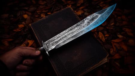 Photorealistic close-up shot of a rugged hand holding a large, weathered knife plunged into an antique, dark leather-bound book with embossed Nordic knotwork, lying on a forest floor covered in dark brown and orange fallen leaves. Dramatic top-down lighting, creating a dark, moody atmosphere with sharp contrast between the gleaming knife blade and the shadows. The knife has visible scratches and ancient runes etched into its surface. Rich, desaturated earthy tones dominate, with hints of cool blue reflections on the blade. Shallow depth of field, focusing sharply on the knife and book. Dark, mysterious, and intense mood.