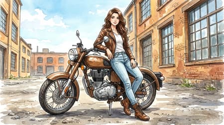 A beautiful young woman with long wavy brown hair, wearing a brown leather jacket, white t-shirt, light blue jeans, and brown lace-up boots, leaning casually against a classic brown motorcycle. The woman is looking directly at the viewer with a soft, confident expression. The art style is a blend of anime and watercolor painting, with visible brushstrokes and ink outlines. The lighting is bright and even, suggesting a clear day. The mood is cool and stylish. The colors are warm and earthy for the subject and motorcycle, contrasting with the vibrant blue sky and white clouds. The background features old brick buildings with large windows, indicating an urban or industrial setting. The ground is rough and textured. Full body shot, dynamic pose.