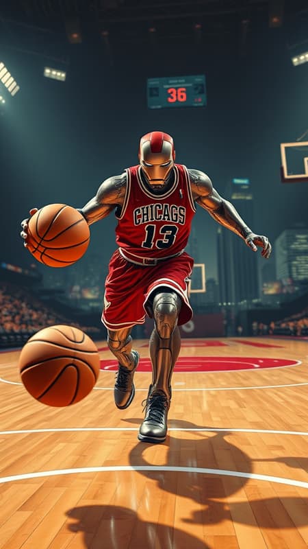 Ironman from Marvel energetically dribbles a basketball on a court, adorned in a Chicago Bulls uniform featuring the iconic red jersey. The scene is rendered in detailed, Xbox 360 graphics that capture both surreal and emotive realism, merging the fantastical elements of Ironman with the classic style of the Bulls. The perspective is realistic yet holds an eerie quality, as his metallic armor gleams under the stadium lights, casting intricate shadows on the polished floor. In the background, the Chicago skyline looms, subtly blending into the surreal atmosphere of the scene, creating a vivid contrast between the traditional sport setting and the futuristic presence of Ironman.
