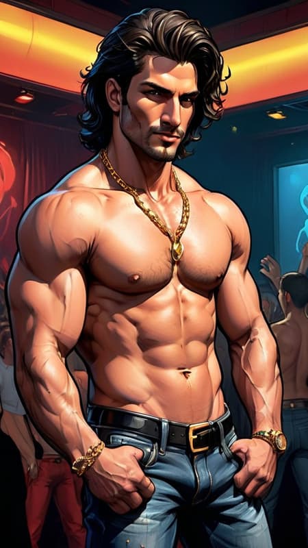 I had a dream... I was in a nightclub, and there were people on the dancefloor. The lights were bright and blinking, pulsing. The music was booming and the Bass was bumping. Then I saw him on the dancefloor... Guido. tall, masculine, rugged, handsome, sexy. Italian heritage. Muscular, fit, athletic. Dark black wavy hair, short on the sides and back, longer on top and combed back. Silky white shirt, unbuttoned to his navel, gold chains around his neck, tight black jeans revealing a bulge in his crotch. His moves were erotic and sensuous, grinding his hips and thrusting his pelvis. I could smell his cologne across the room, Sweat running down his body. C'mon, Guido, take off that shirt, I wanna see that muscular chest. I love the way your thighs are testing the denim of those jeans. Raise your arms, lemme see those hairy pits. I wanna lick the sweat from your body. Show me what you've got. He was about to do just that before I woke up... 