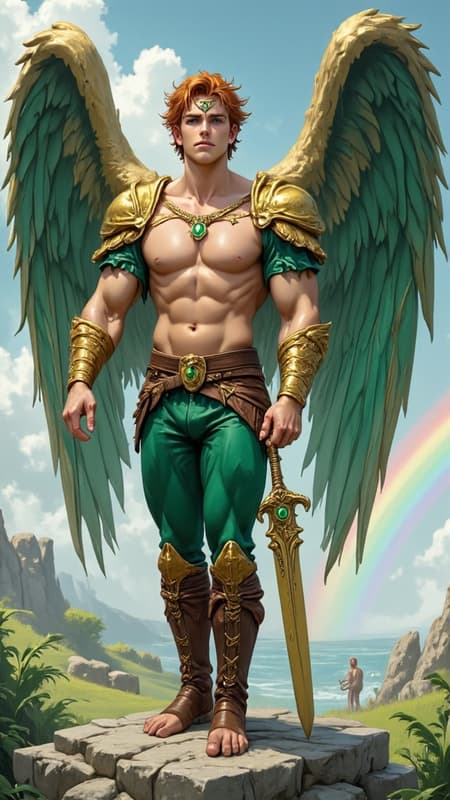 Angel of Ireland. Tall, muscular, brawny, athletic, bodybuilder, massive muscles, broad shouldered. Fair skinned, handsome, masculine, rugged good looks. Chiseled squared jaw. Emerald green eyes with chartreuse flecks, bright and clear. Bright auburn-red hair, curly fade asymmetrical hairstyle cut very close on sides and back, loose curls on top of head. Thick brown leather diadem with Celtic carved patterns around his forehead. 
Bare chest, but gold necklace with triskelle pendant around his neck, emerald gem at the center of pendant. Gold layered pauldrons on his shoulders,  Celtic designs carved into the metal. Brown leather bracers on his thick forearms, adorned with gold grommets. A thick brown leather belt around his waist, also adorned with gold grommets. The belt buckle is a thick heavy gold disc with a triquettra carved into it, an emerald gem at the center. A pair of shiny emerald green form-fitting tights/pants with obvious bulge in crotch. He wears a pair of knee-high brown leather boots with gold zippers on the outsides of the legs, straps and buckles up to the knees. Shiny gold knee-pads with brown straps to hold them on. His angel wings are huge, fanning out beyond his shoulders. The wings are emerald green with shiny metallic gold tips and pinfeathers. He carries a huge gold bastard sword with Celtic carvings on the blade. Full body pose, standing on a rocky hill. There's a rainbow in the sky, and possibly some faeries/sprites nearby to accompany him. 