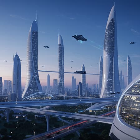 A futuristic city skyline with towering skyscrapers featuring smooth, aerodynamic designs and polished surfaces; interconnected by flying vehicles gliding through the air in synchronized patterns; minimalistic walkways and bridges curve gracefully among the buildings; a serene nighttime scene illuminated by cool blue and silver lights casting reflections on the sleek architecture; the horizon glows softly with hues of deep indigo and pale lavender; the overall composition presents a harmonious balance of technology and elegance, evoking a sense of advanced yet restrained urban sophistication.
