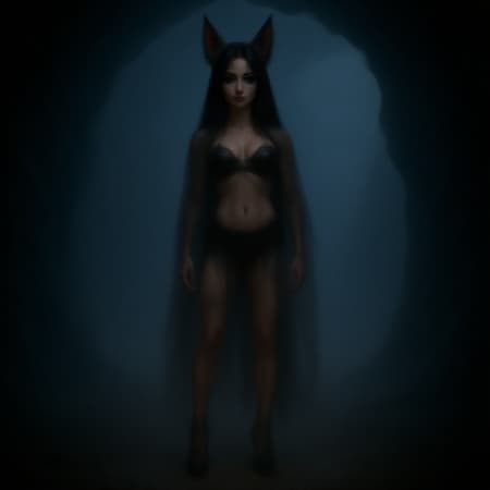 Dark elf Instagram model with striking black hair and dramatic makeup, posing confidently in a vast underground cave complex. This night elf exudes elegance with reflective eyes and a cute nose, showcasing an athletic physique with tastefully revealed cleavage and bare legs. She's dressed in high heels, her look enhanced by soft, atmospheric lighting and a touch of film grain for an ultra-detailed appearance. The setting around her is foggy, adding an air of mystery, and the scene captures vibrant, intricate details that make it intriguing and eye-catching. The composition includes cat ears to add a whimsical element, set against a backdrop of sky and clouds peeking through the cave's opening. This art piece embraces a high-quality aesthetic reminiscent of trending works on ArtStation and CGSociety. The dramatic and hyper-detailed portrayal captures attention while avoiding any unnecessary distortions or mutations, capturing the dark elf's elegance and allure perfectly in an 8k uhd quality similar to a masterpiece from a Fujifilm XT3 camera.