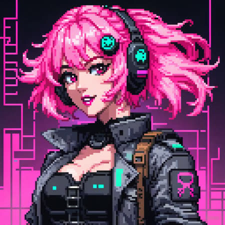 (swat man), (pixel art), detailed, torso, gloves, mask, goggles, action pose, trench coat, pink, surreal, strange, (full body sexy gamer girl with pink hair photo), vaporwave neon theme, woman, portrait, smile, laugh, open mouth, (upper body, bust shot, looking away:1.1), neon hair