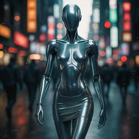 Futuristic urban scene featuring a sleek, silver-bodied android with an enigmatic faceless design, adorned in a metallic mini skirt. This robotic figure strides confidently down a bustling city street. The scene is captured in a hyperrealistic, portrait-style photograph with cinematic lighting, highlighting the intricate details of the android's skin and build. The cityscape provides a dynamic backdrop, with the android's gaze directed towards the viewer, creating an engaging sense of presence. The composition is sharp, with a shallow depth of field emphasizing the android, whilst the soft diffused lighting adds a polished sheen to the metallic surfaces. Despite the vivid realism, intentional photographic imperfections such as low resolution, textural artifacts, and slight cropping introduce an artful, edgy aesthetic. These elements offer contrast, enhancing the futuristic and otherworldly feel of the image, while avoiding depictions of anatomical errors or distorted forms.