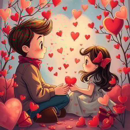 Valentine's Day scene, infused with the essence of graphic novel illustrations, capturing the vibrant colors and romantic lighting reminiscent of Fernando Amorsolo. The composition echoes the relatable charm found in Alexander Millar’s work, blending heartwarming and whimsical elements, bursting with dreamy and adorable motifs. Set in a cozy, imaginative world reflecting a young-at-heart spirit, invokes a sense of nostalgia and enchantment, inviting viewers to get lost in a lit kid's whimsical daydream. Valentine's Day scene, infused with the essence of graphic novel illustrations, capturing the vibrant colors and romantic lighting reminiscent of Fernando Amorsolo. The composition echoes the relatable charm found in Alexander Millar’s work, blending heartwarming and whimsical elements, bursting with dreamy and adorable motifs. Set in a cozy, imaginative world reflecting a young-at-heart spirit, invokes a sense of nostalgia and enchantment, inviting viewers to get lost in a lit kid's whimsical daydream.