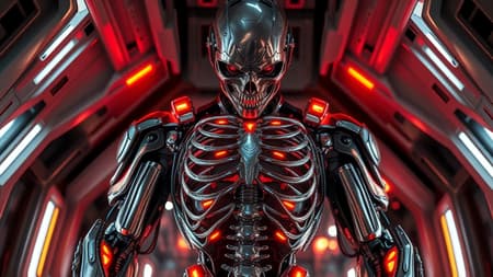 A hyperrealistic cyborg aboard a futuristic spaceship, featuring a complex design with anthropomorphic cybernetic skeleton motifs embedded within sleek metal armor. Neon light reflections dance across the highly detailed surfaces, enhanced by reflection mapping and intricate engravings. The scene is illuminated by dramatic, cinematic lighting that highlights the photorealistic textures and 8K resolution details, capturing every nuance of the cyborg's meticulously crafted structure. The aspect ratio emphasizes the towering presence of the figure within the high-tech environment.