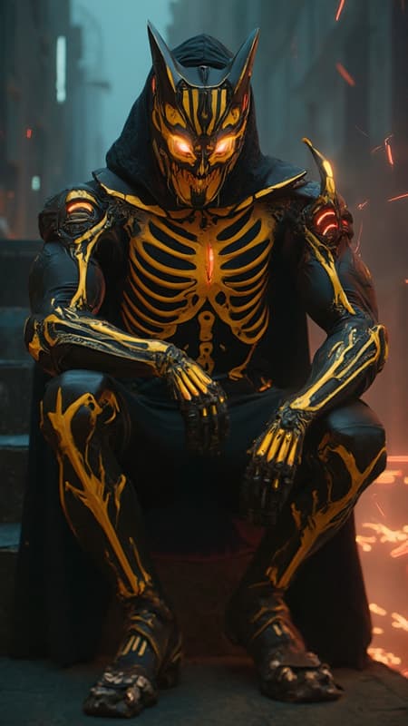 Super-hero, vigilante anti-hero, spooky. cinematic composition, urban noir atmosphere. Athletic Caucasian male, muscular husky build, 5'10", wearing a formfit spandex tactical stealth suit in matte black nano-fabric. Ornate yellow-gold skeleton graphic design overlay across limbs, anatomically accurate bone patterns with glow-in-the dark. Yellow-gold combat boots rising to knees with aggressive V-cutout, deep crimson titanium toe caps. Armored gauntlets in metallic yellow-gold reaching elbows, featuring crimson finger-tips with retractable diamond-tipped claws. Custom electroshock weapon system generating vivid red lightning effects, 32k resolution electricity details.

Chest armor features intimidating demon-face design: yellow-gold base with cut-out revealing matte black underlayer forming ribs, centered by menacing grin with sharp blood-red metal teeth. Upper chest includes glowing crimson LED eye shapes, shoulders sculpted into sharp horn-like points. Tactical neck guard in stealth black nanoweave, flowing into yellow-gold face mask with aggressive V-shape design. Mask features geometric black jaw section and prominent crimson V-shaped visor with internal illumination, creating threatening eyes effect. Modern  short fade hairstyle with dark brown top length styled sideswept. 

Dynamic pose showing figure perched on gothic architecture, photographed from dramatic low angle. Moody nighttime urban setting with neon accent lighting, volumetric fog effects. Ray-traced reflections on metallic elements, cinematic color grading emphasizing deep shadows and selective highlights. Photorealistic materials and textures, 8k resolution, octane render, ultra-detailed, studio lighting with practical effects.
