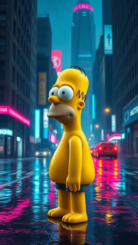 3d cartoon Homer Simpson stands alone in a dark, rain-soaked dystopian city, the empty street reflecting the shimmer of neon lights glowing in the background. The atmosphere is cinematic and moody, with echoes of Blade Runner tones. Ultra-high definition realism highlights the droplets of rain cascading down his vibrant yellow skin, as he gazes into the distance. The city's towering structures loom above, bathed in an electric blue and pink hue, casting an ethereal glow on the slick pavement below.