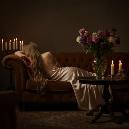 Absurdres, epic composition, a serene woman reclines gracefully on a velvet couch in a softly illuminated room, surrounded by the gentle glow of flickering candles. Her long, flowing hair cascades elegantly down her back in gentle waves. Her eyes remain closed, savoring a tranquil moment of solitude. She dons a delicate silk gown that shimmers subtly in the candlelight. A vase brimming with freshly cut flowers rests on the coffee table before her, subtly scenting the air with a sweet aroma. Back view, artistically captured in an intimate, almost dreamlike setting, the scene is devoid of modern imperfections, focusing instead on its timeless beauty.