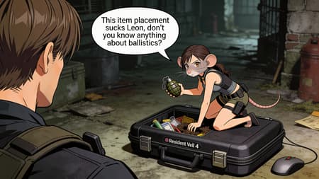Leon S. Kennedy And Mouse Ashley Graham take the 1st image, this is a screenshot of the beloved attaché case from resident evil 4, for the nintendo gamecube, i want to make a picture in the the second image the view is from over Leons shoulder as in the game, take the second image.this is a mouse version of ashley graham. make her about as small as a mouse and have her leaning over and digging into the case and searching for an item keep ashley in the same art style as in the 2nd image as a stark contrast to the rest of the grittiness of the games feel, have her kneeling, and turning back as shes about to hand over a grenade. Have a speech bubble of her saying- "This item placement sucks leon, dont you know anything about ballistics?" as she is admonishing him about how everything should fit in its proper place.