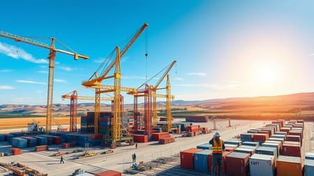 Capture dynamic photographs of the construction site for the new dry port in Drogobich, showcasing a bustling scene with cranes towering over partially completed structures and workers in hard hats coordinating logistics amidst stacks of shipping containers, all set against a backdrop of rolling hills and vibrant blue skies, conveying progress and economic potential for a business presentation. Capture dynamic photographs of the construction site for the new dry port in Drogobich, showcasing a bustling scene with cranes towering over partially completed structures and workers in hard hats coordinating logistics amidst stacks of shipping containers, all set against a backdrop of rolling hills and vibrant blue skies, conveying progress and economic potential for a business presentation.