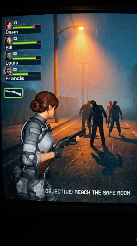 Video game screenshot, third-person perspective, survival horror, a female character in tactical gear holding a shotgun, looking to the right. She has brown hair tied in a bun and is wearing grey and white body armor. In the background, multiple zombies are shambling towards the player through a dark, foggy city street at night. A bright orange streetlamp illuminates the scene, casting long shadows. The mood is tense and urgent. Dark blues, greys, and oranges dominate the color palette. UI elements are visible: player health bars, character portraits (Dawn, Bill, Louis, Francis), weapon inventory, and the objective "Reach the Safe Room." The art style is 3D game graphics, reminiscent of Left 4 Dead.