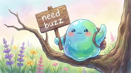Cute Slime Monster Waving With Sign Anime_style, Small cute slime monster, holding a board saying "need buzz" and waving at viewer, sitting on a branch, flowers blooming in the background here and there, colourful, blurred background, grass field,