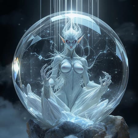 Elf Encased Focus Artwork Elf encased in crystal, featuring sharp focus and captivating volumetric lighting, beautifully intricate and elegant design, highly detailed in a Midjourney render style. Appears as a trending Artstation piece, akin to an award-winning photograph, rendered as a masterpiece in 8k UHD with HDR quality. Element of duality with subtle duplication and mutation themes, such as unique facial features, elongated neck, and delicately mutated hands. Avoid out-of-frame distractions, maintaining clarity over low-resolution, omitted are common issues like jpeg artifacts, watermarks, logos, or text. The scene captures a fantastical essence, merging otherworldly beauty with intentional imperfections.