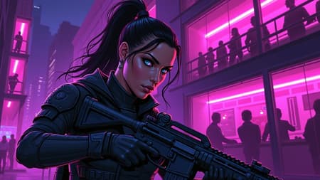 Cyberpunk comic book art style, a strong female character with a high ponytail, wearing armored tactical gear, holding a futuristic shotgun, in a sci-fi lounge. She has striking blue eyes. The lounge is two-storied, featuring glass walls and balconies, with silhouettes of people visible through the glass. The entire scene is bathed in intense neon purple and pink lighting, creating a dark, moody, and atmospheric setting. The floor reflects the vibrant neon lights, adding to the futuristic, almost dangerous ambiance. Detailed brushstrokes and dynamic composition.