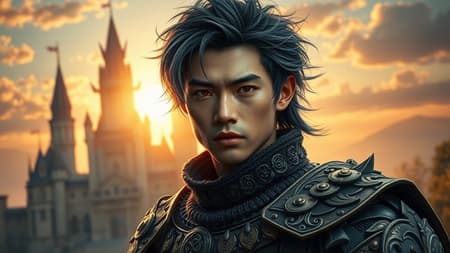 medieval fantasy depiction of an enigmatic and strikingly handsome asian warrior, clad in intricate armor, standing before a grand fantasy castle in the radiant morning light, his hair a mesmerizing blend of jet black and shimmering silver, his eyes glowing with an electric intensity, exuding a sense of calculated madness.