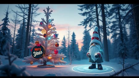 Cgi winter scene with a futuristic New Year tree adorned with luminous ornaments, accompanied by a Scandinavian Christmas gnome designed in Kaws style, featuring radiant elements. The setting is a serene winter forest with a gradient sky, rendered using Unreal Engine and Octane, evoking a magical atmosphere with subtle creative enhancements.