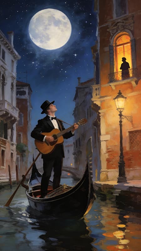 Oil painting of a male gondolier in a black fedora hat and black tuxedo, standing in a Venetian gondola, playing a guitar. He is looking up at a large, bright full moon in a starry night sky. The gondola is on a narrow canal in Venice, surrounded by tall, ornate buildings. One building on the right has a glowing window with a person silhouetted, looking out. A warm, antique street lamp illuminates the building and water reflections. The mood is romantic and serene. Colors are deep blues, warm oranges, and soft browns. Impressionistic brushstrokes.