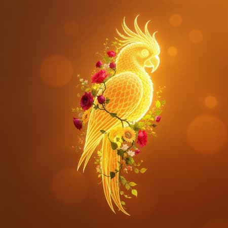 A luminous abstract 3D form resembling a parrot, elegantly intertwined with lush foliage and vibrant flowers, set against a warm, glowing orange backdrop.