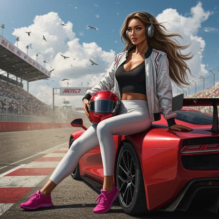 A stunning full-body portrait of an enchanting racecar woman gracefully seated on a sleek race car, holding a motorcycle helmet. Her tanned, glowing skin complements her flowing long hair and her intricately symmetrical face radiates joy with a captivating smile. Her reflective eyes are highlighted by dark eyebrows, expertly applied mascara, and elegant makeup. Dust particles dance around her in the detailed, dramatic chiaroscuro lighting, accentuated by rim lighting. She wears a black crop top under an open white racing jacket, revealing tasteful cleavage paired with snug white yoga pants and bold pink sneakers. The setting is a vibrant race track with a red racecar featuring spoilers, surrounded by a road, filled bleachers, and under a picturesque blue sky with fluffy white clouds and birds flying. Crafted in a professional and majestic impressionist oil painting style, this scene blends influences from Waterhouse, John Constable, and Studio Ghibli, with hints of Jeremy Mann and Greg Manchess. It's a trending piece on ArtStation and CGSociety, showcasing intricate, high detail and evocative atmosphere. Her headphones add a modern touch, and a pink car is slightly visible. The scene is carefully composed for artistic harmony, avoiding any distortions or inaccuracies in anatomy or perspective.