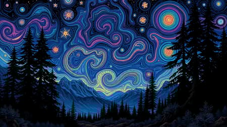 An intricate psychedelic landscape featuring an evening sky filled with shimmering stars, framed by silhouettes of majestic trees. Echoes of Martin Ansin's detailed style and Emily Carr's naturalistic tones blend harmoniously, presenting a scene of psychedelic overload. Layers upon layers form multidimensional aspects, showcasing swirling vortexes and a rich, naturalistic color palette that captures the eye. The creative interplay of vibrant hues and tranquil earth tones creates a harmonious symphony, where reality and imagination swirl together in an enchanting display.