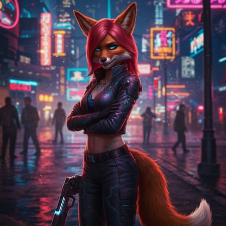 A vibrant redhead fox-girl with striking blue eyes stands amidst the bustling chaos of a cyberpunk night city, her presence illuminated by the glowing neon lights that paint the streets in vivid hues. Her sleek, futuristic attire seamlessly blends with the Cyberpunk 2077 aesthetic, highlighting her sharp, cunning features. The city's skyline flickers in an array of colors, reflecting off her high-tech gear and the mirrored surfaces around her. The atmosphere is alive with the hum of technology, the air dense with a fusion of mystery and allure. This vision is captured in ultra-high definition, showcasing every intricate detail and dynamic contrast, bringing the cyberpunk world to life in an unparalleled 16K visual experience.